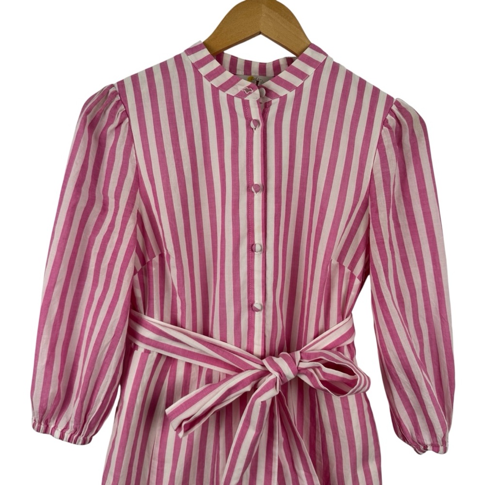 BODEN Puff Sleeve Cotton Pink White Striped Dress Button Down Ruffle Hem SZ 2 - Picture 3 of 16
